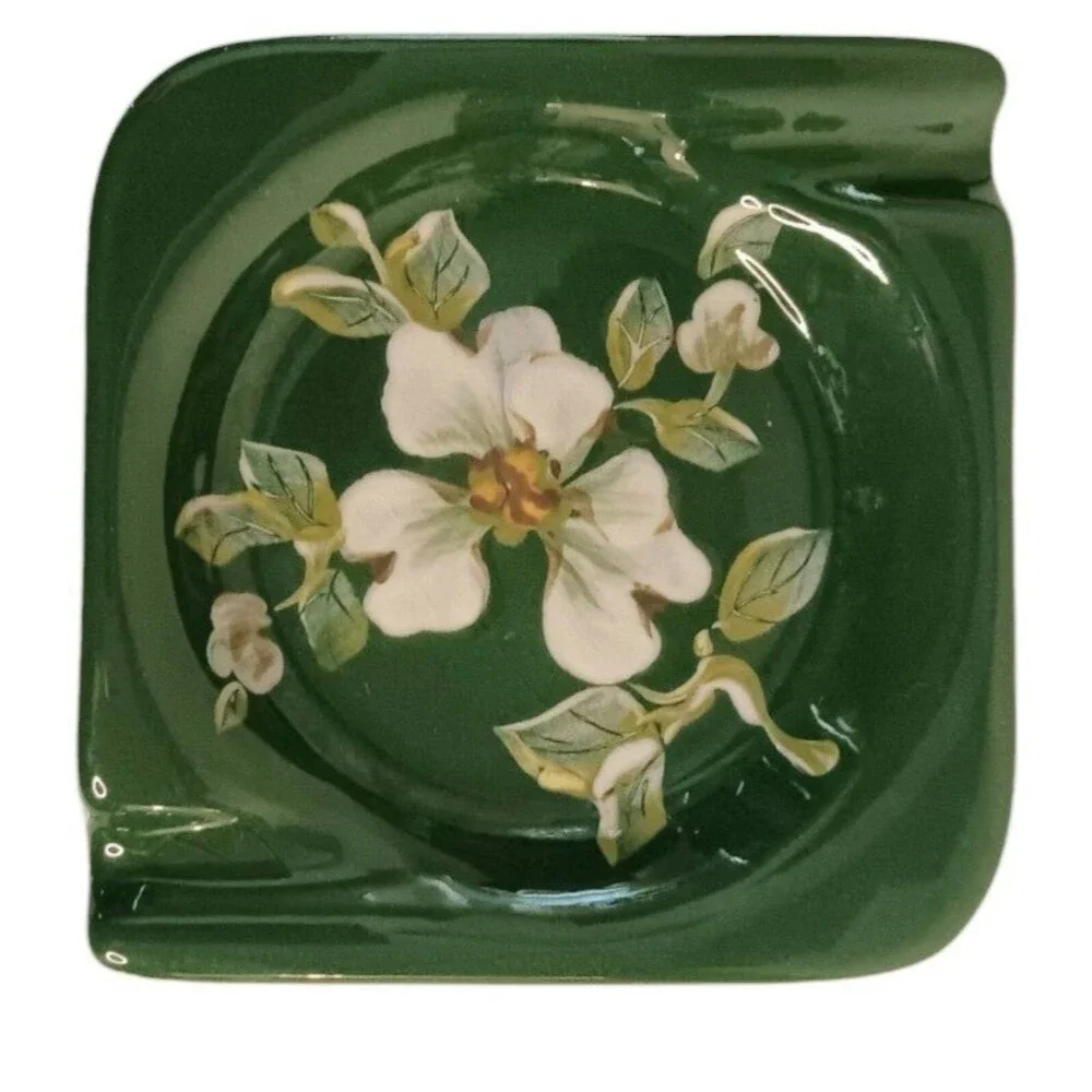 Vintage Square Ashtray Green White Floral Vee Jackson California Pottery 3.5